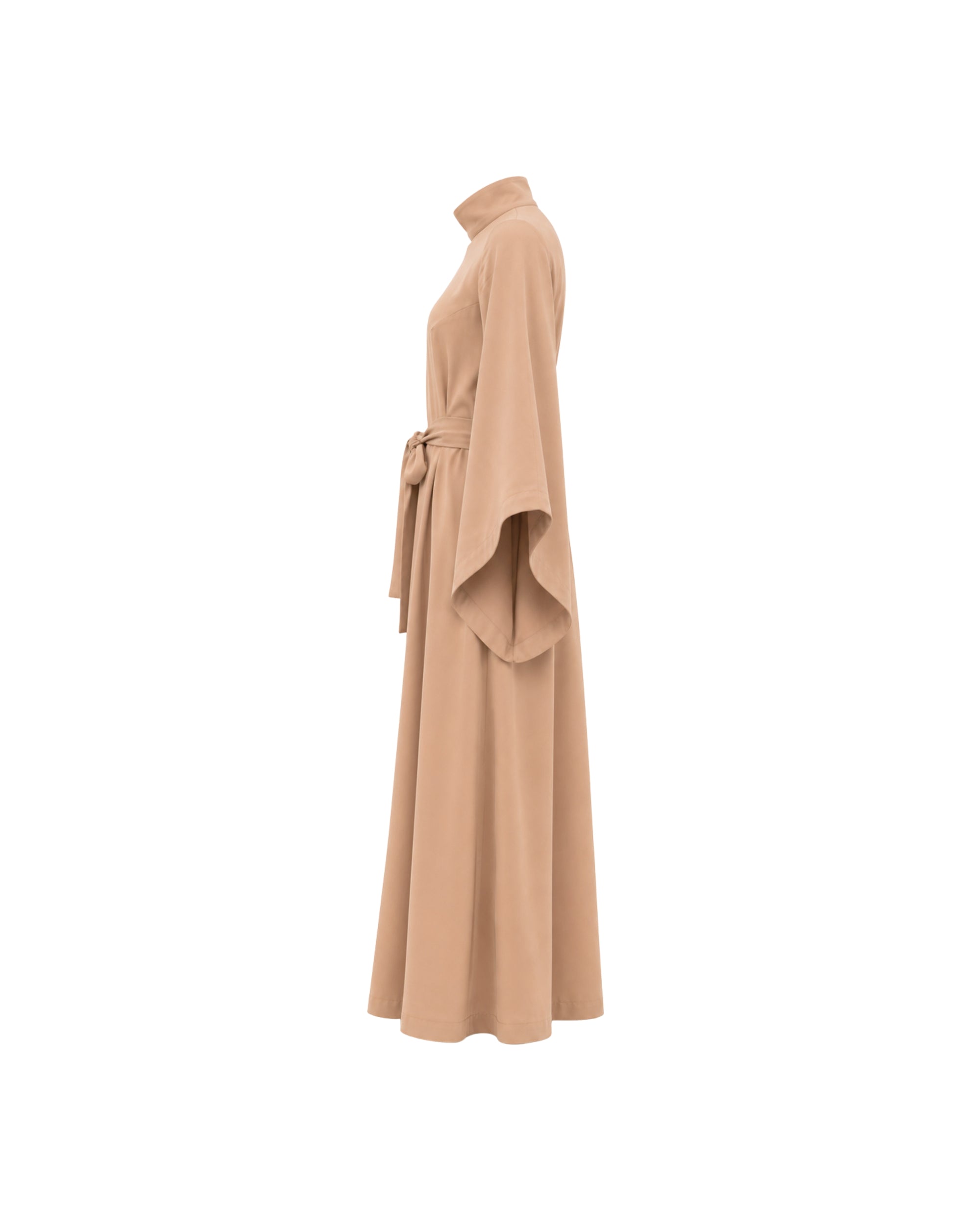 Beige long dress with a belt on a white background