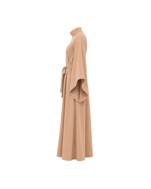 Beige long dress with a belt on a white background