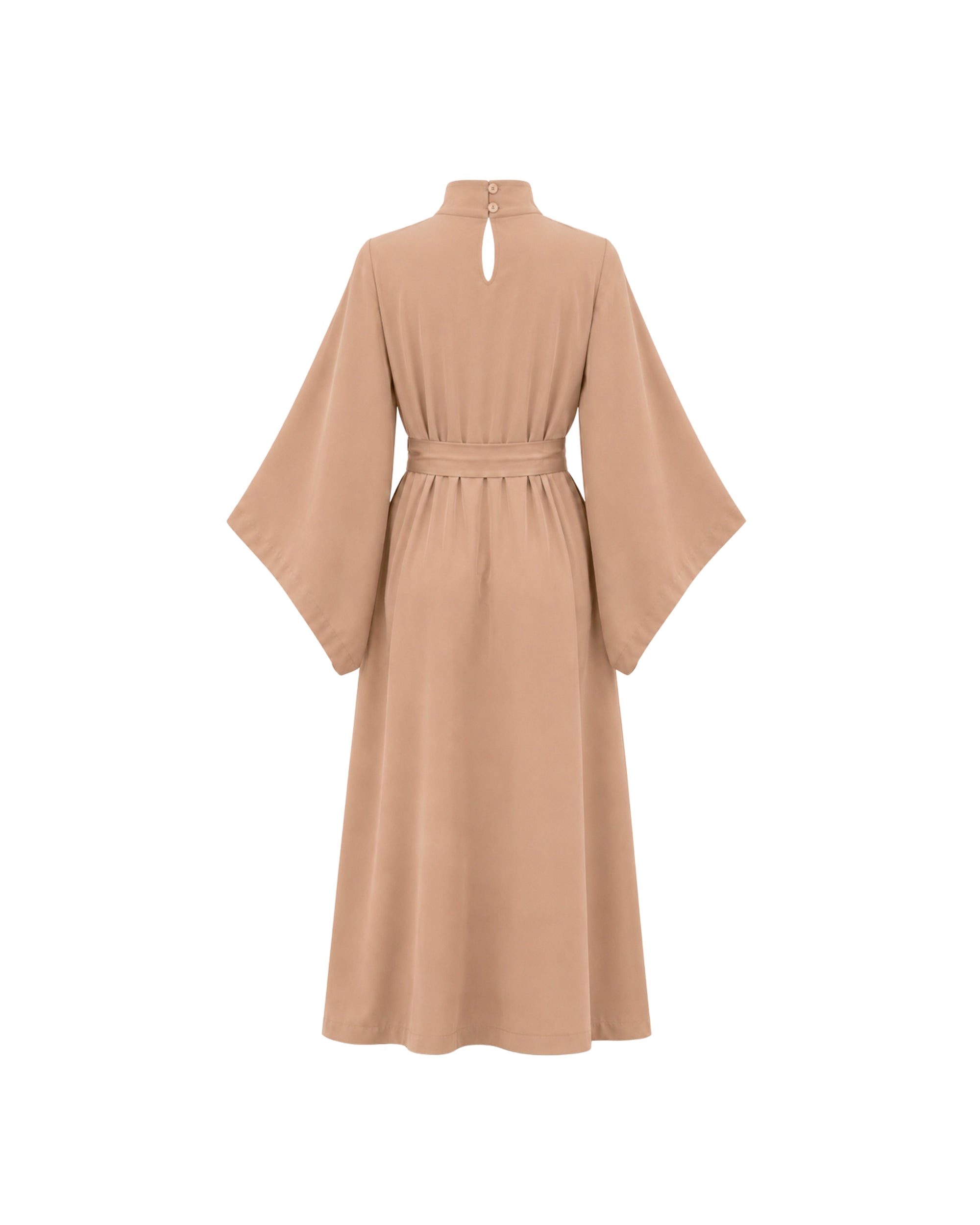 Beige long dress with bell sleeves on a white background