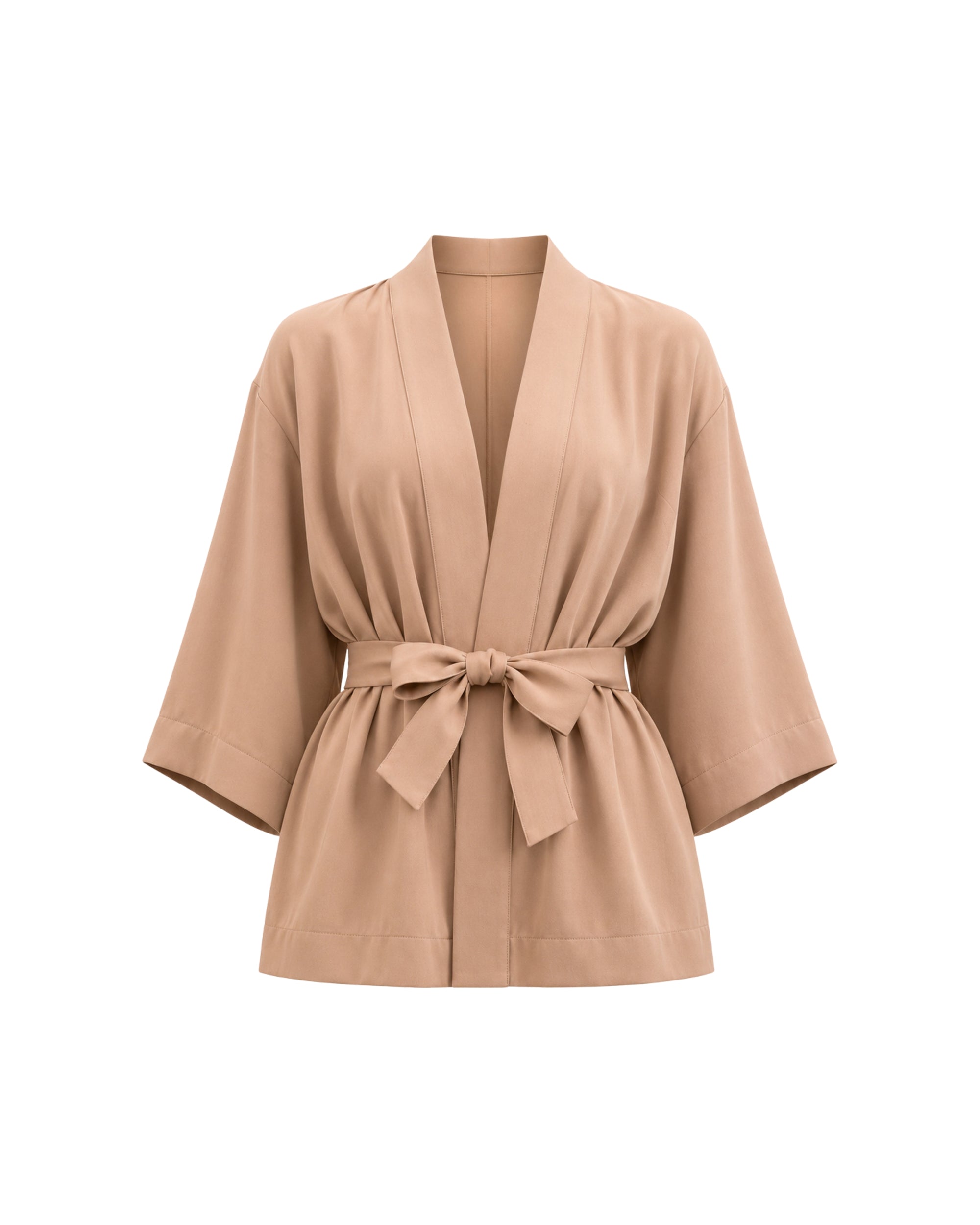Beige kimono with a belt on a white background