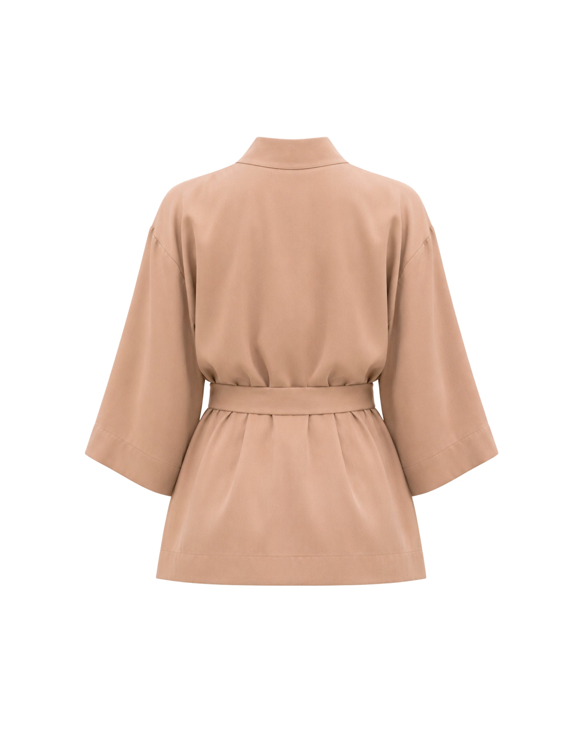 Beige kimono-style jacket on a white background