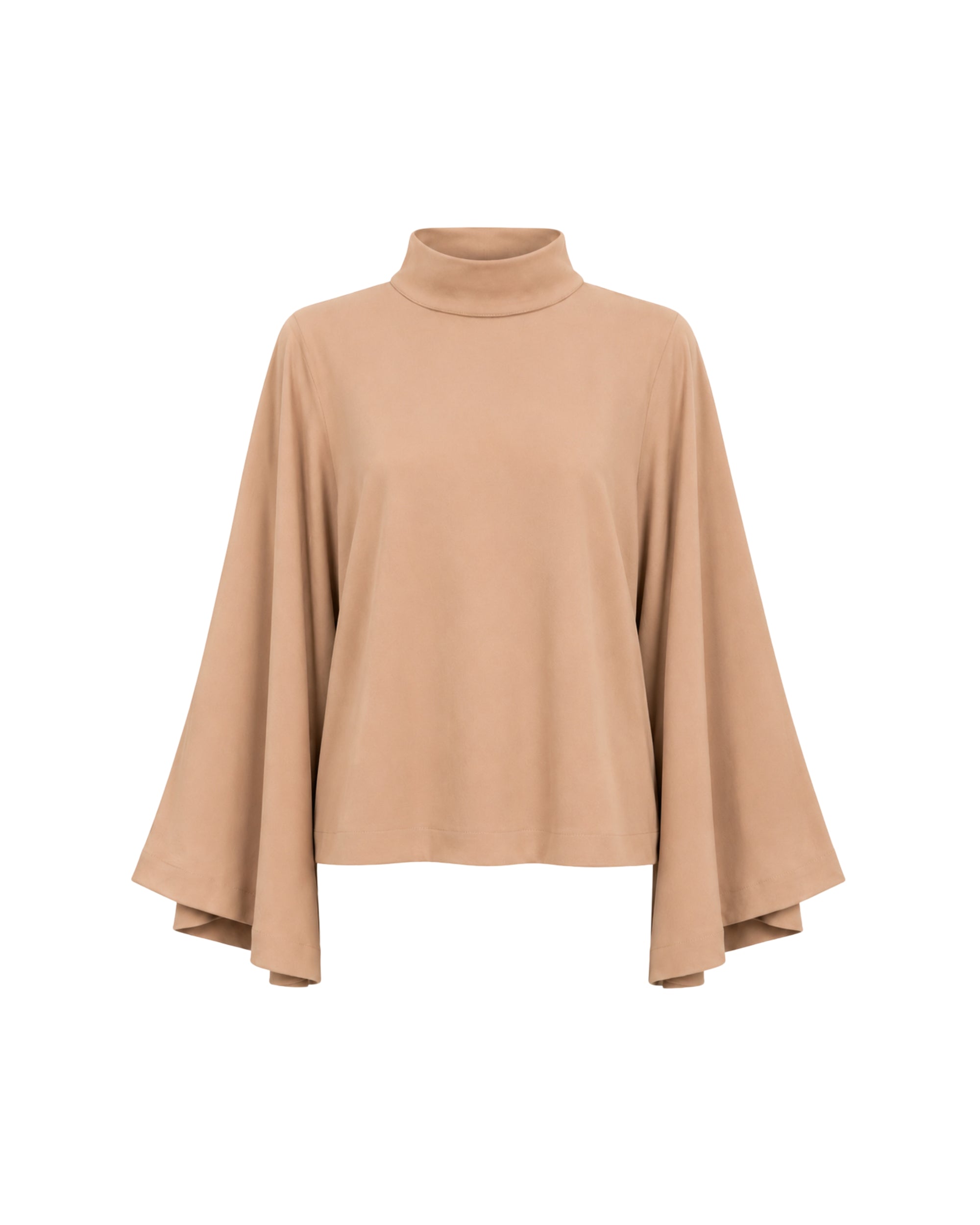 Beige turtleneck top on a white background